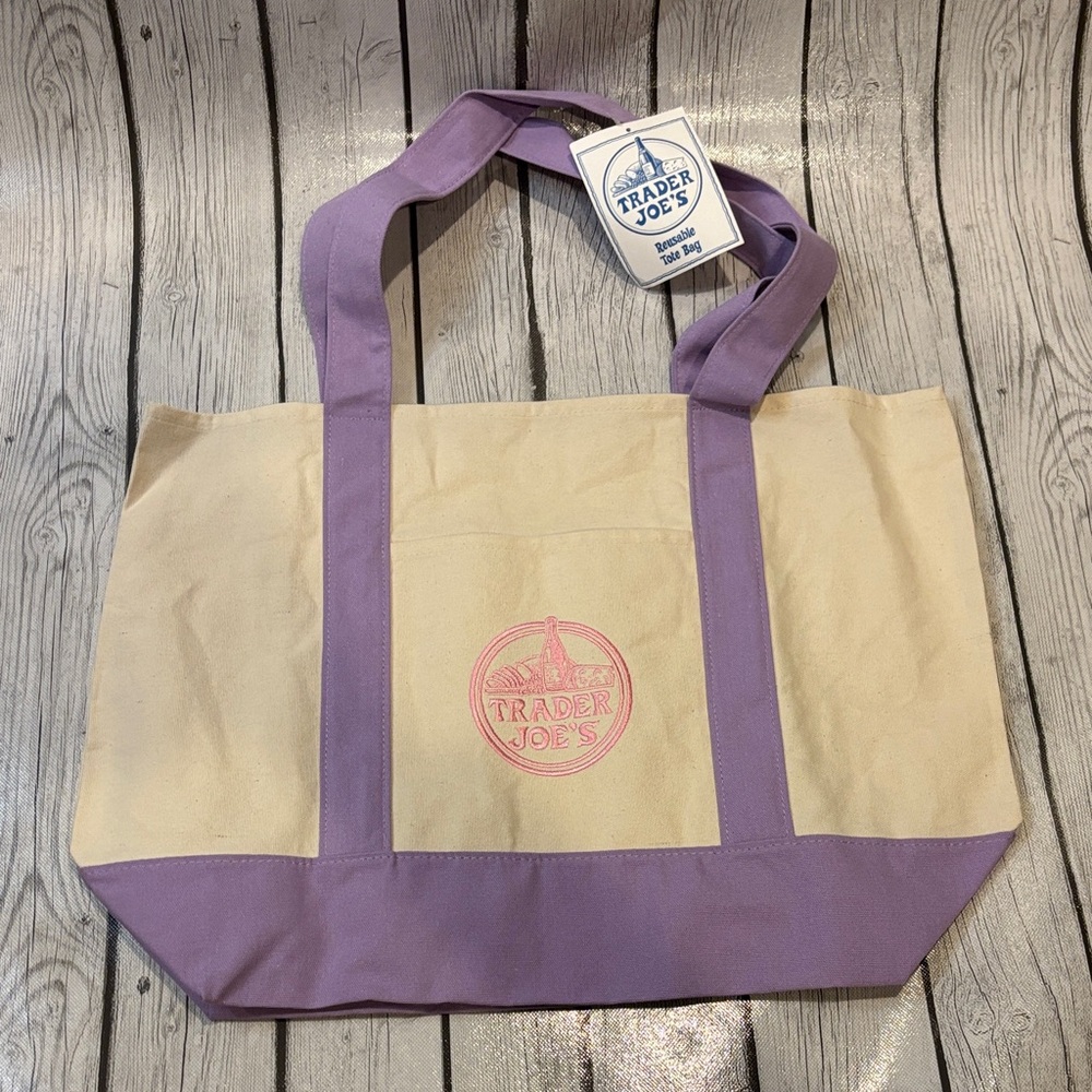 Trader Joe's Cream and Lavender Canvas Tote Bag new pastel spring colors